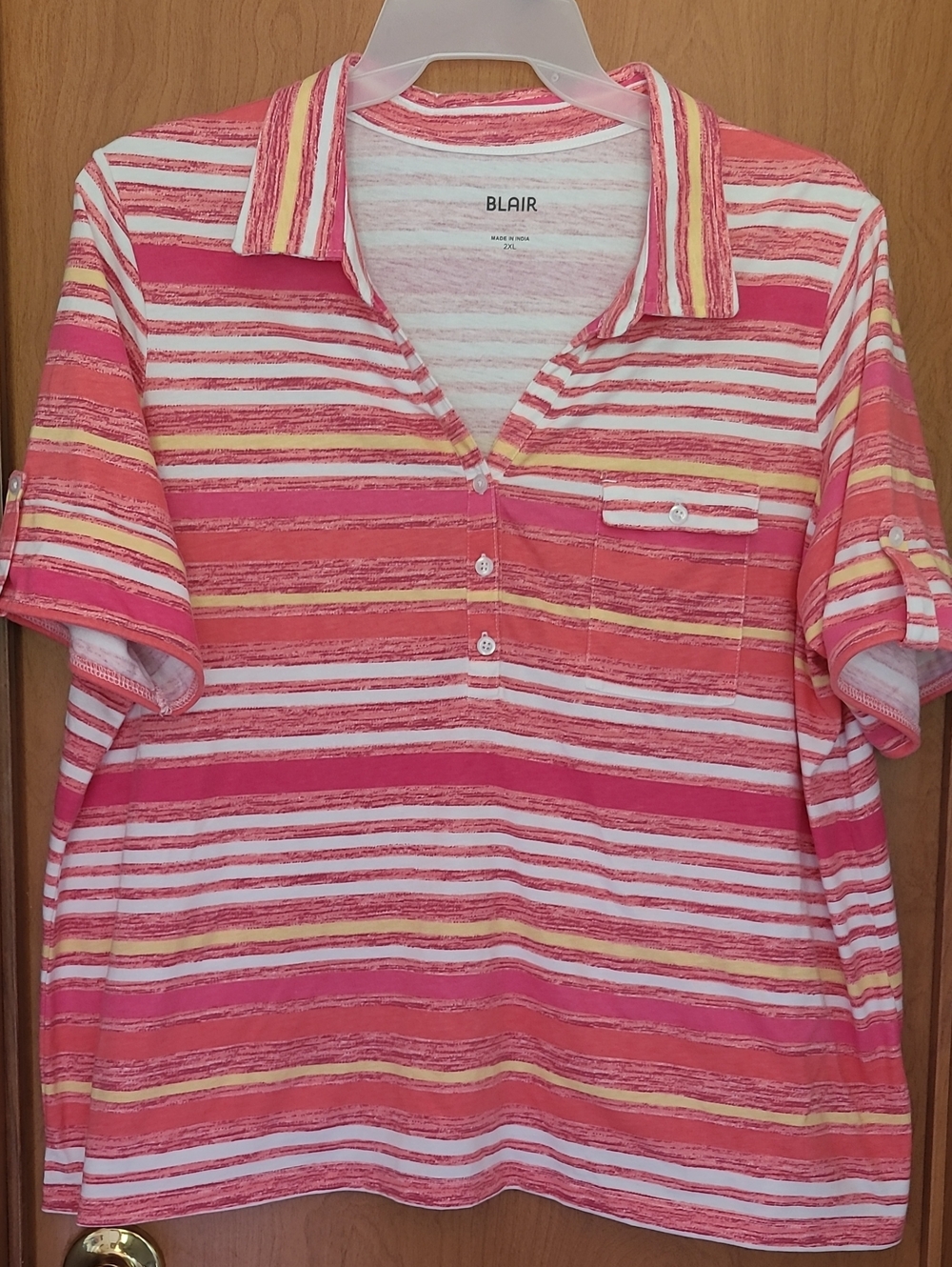 Blair Pink and White Striped Polo with Yellow Accents